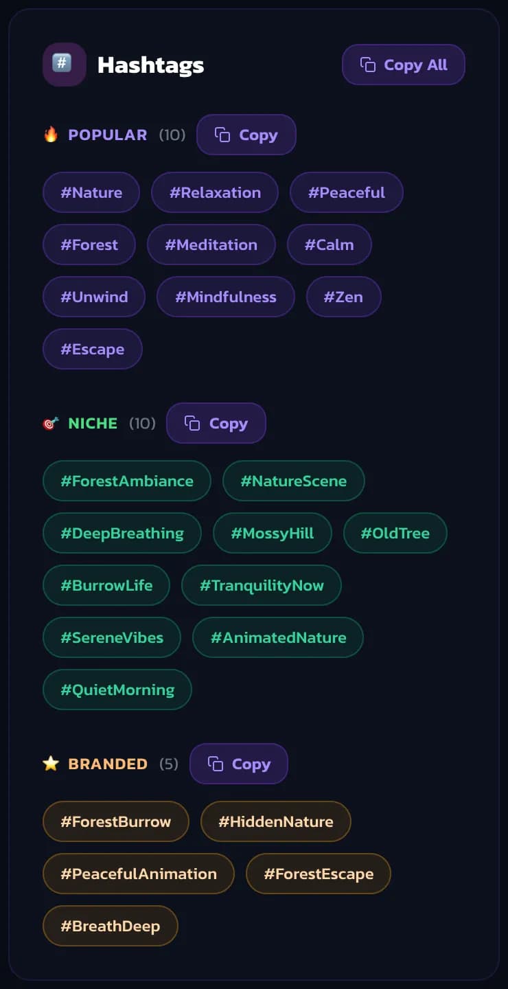 25 hashtags MaxView AI generated for a forest test clip, split into popular, niche and branded
