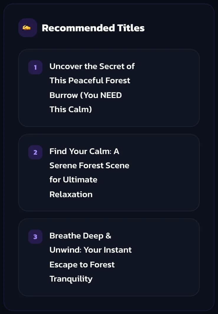 Three title options MaxView AI wrote for a forest test clip